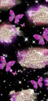 Magical galaxy wallpaper with pink butterflies and starry clouds.