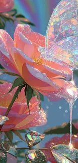 Sparkling butterfly on blossoming rose with dreamy colors.