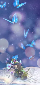 Blue butterflies flutter above an open book in a mystical wallpaper.