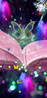 Open book with butterflies and magical glowing lights in purple hues.