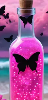 Magical pink butterfly bottle on beach