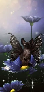 Fantasy cat with butterfly wings in a floral, starry setting.