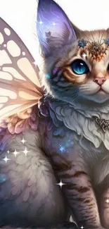 Whimsical cat with butterfly wings and bright blue eyes.