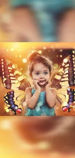 Child with butterfly wings in a magical scene.