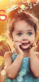 Cute child with butterfly wings and golden bokeh background.