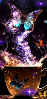 Colorful butterflies soar from a steaming coffee cup in a dark magical setting.