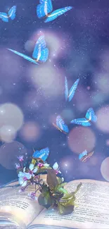 Blue butterflies flying above an open book in a magical scene.