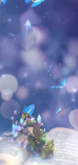 Butterflies flutter over an open book with a mystical bokeh effect in a magical scene.