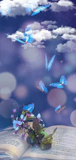 Blue butterflies above an open book in a mystical, bokeh-filled night sky.