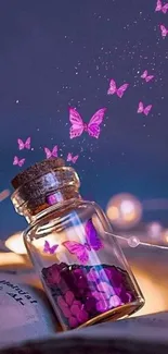 Enchanting wallpaper with purple butterflies from a jar.