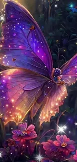 Magical butterfly with vibrant colors in a fantasy garden scene.