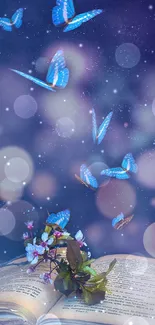 Blue butterflies flutter above an open book with a dreamy abstract background.