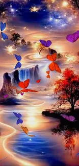 Fantasy landscape with colorful butterflies and waterfalls.