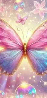 Colorful butterfly with sparkles and bubbles in a fantasy setting