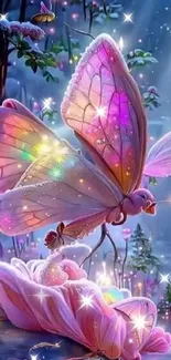 Magical butterfly with luminescent wings in a fantasy setting.