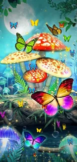 Fantasy wallpaper with butterflies and mushrooms in a moonlit forest.