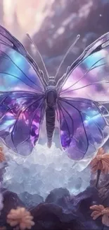 Ethereal butterfly with vibrant purple wings in a fantasy setting.