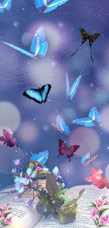 Butterflies and flowers on a dreamy purple background.