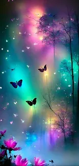 Magical forest with glowing butterflies and vibrant colors.