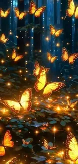 Glowing butterflies flutter in a magical, dark forest scene at night.