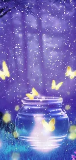 Magical forest scene with glowing butterflies and jar under purple glow.