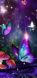 Magical butterfly forest with purple hues and glowing mushrooms.