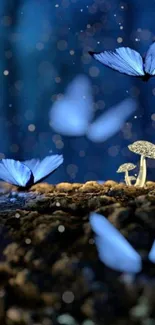 Blue butterflies in a mystical night forest with glowing mushrooms.