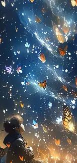 Magical galaxy of butterflies in a starlit, dreamy night sky wallpaper.