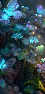 Enchanting glowing butterfly garden with luminous plants and ethereal ambiance.