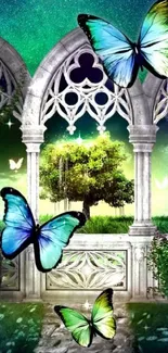 Magical garden with butterflies and trees in vivid greens.