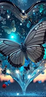 Whimsical butterfly heart wallpaper design in teal and blue shades.