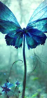 Blue butterfly glows in the mystical forest setting, creating a magical atmosphere.