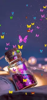 Magical butterfly jar with pink butterflies and glowing lights.