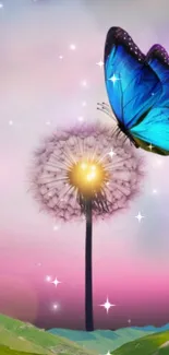 A butterfly on a dandelion in a magical, starry landscape with green hills.