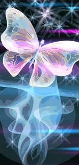 Magical butterfly with stars on dark blue background.