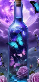 Purple moonlit scene with butterflies and roses.