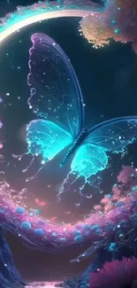 Magical butterfly in a moonlit fantasy scene with vibrant colors and dreamy atmosphere.