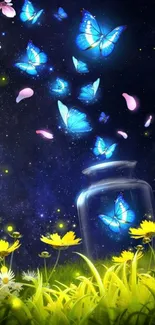 Blue butterflies escape from a jar under a starry night sky with yellow flowers.