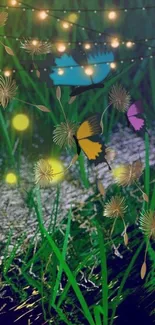 Colorful butterflies dance under glowing lights in a serene night scene.