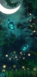 Magical night scene with butterflies and a crescent moon.