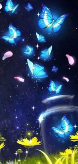 Blue butterflies flutter in a starry night sky over glowing flowers.