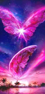 Pink and purple butterflies in a starry night sky mobile wallpaper.