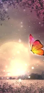 Beautiful night scene with butterflies and a glowing moon.