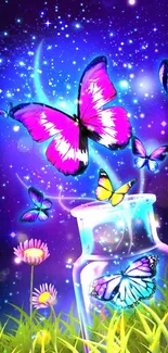 Magical night wallpaper with vibrant butterflies, stars, and flowers.