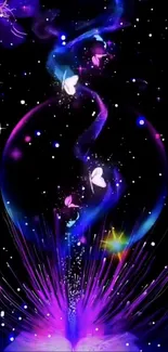 Enchanted night sky with glowing butterflies.