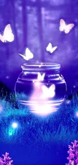 Magical night scene with glowing butterflies and jar.