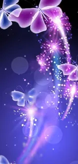 Purple and blue glowing butterflies night wallpaper