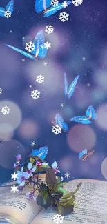 Blue butterflies and snowflakes over an open book at night.