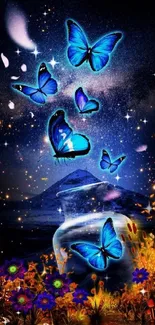 Colorful nightscape with blue butterflies rising from a jar.