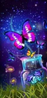 Vibrant butterflies against a starry night sky in a magical, colorful scene.